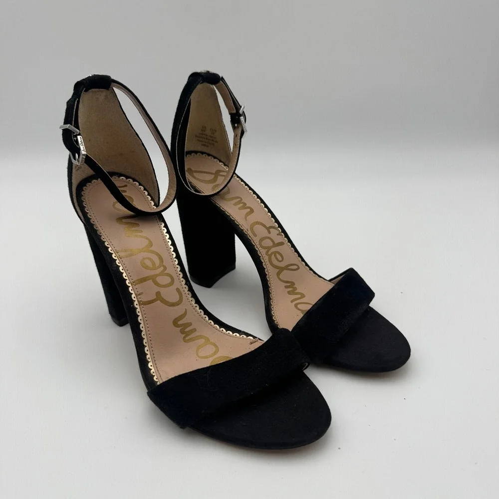 Sam Edelman Yaro Black Suede Block Heel Sandals Womens Size 8M Open Toe Strappy